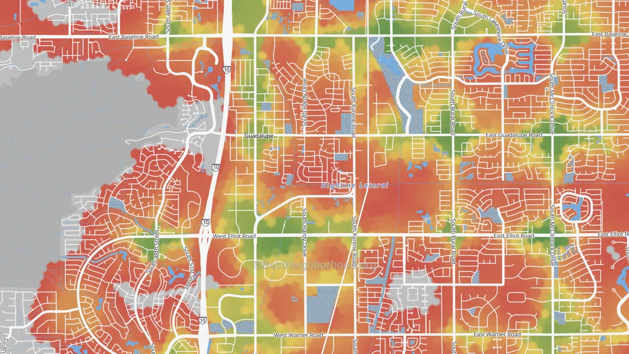Walk Grade map of Tempe Royal Estates, Tempe, AZ, walkable areas in green and car-dependent areas in red