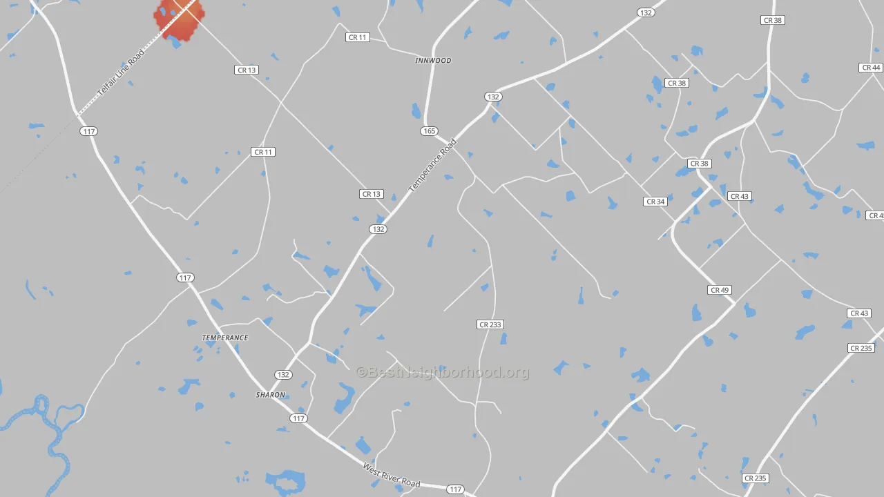 Walk Grade map of Temperance, GA, walkable areas in green and car-dependent areas in red