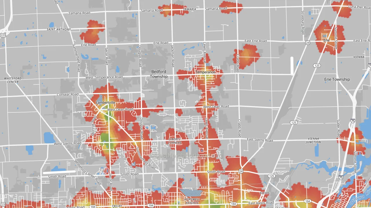 Walk Grade map of Temperance, MI, walkable areas in green and car-dependent areas in red
