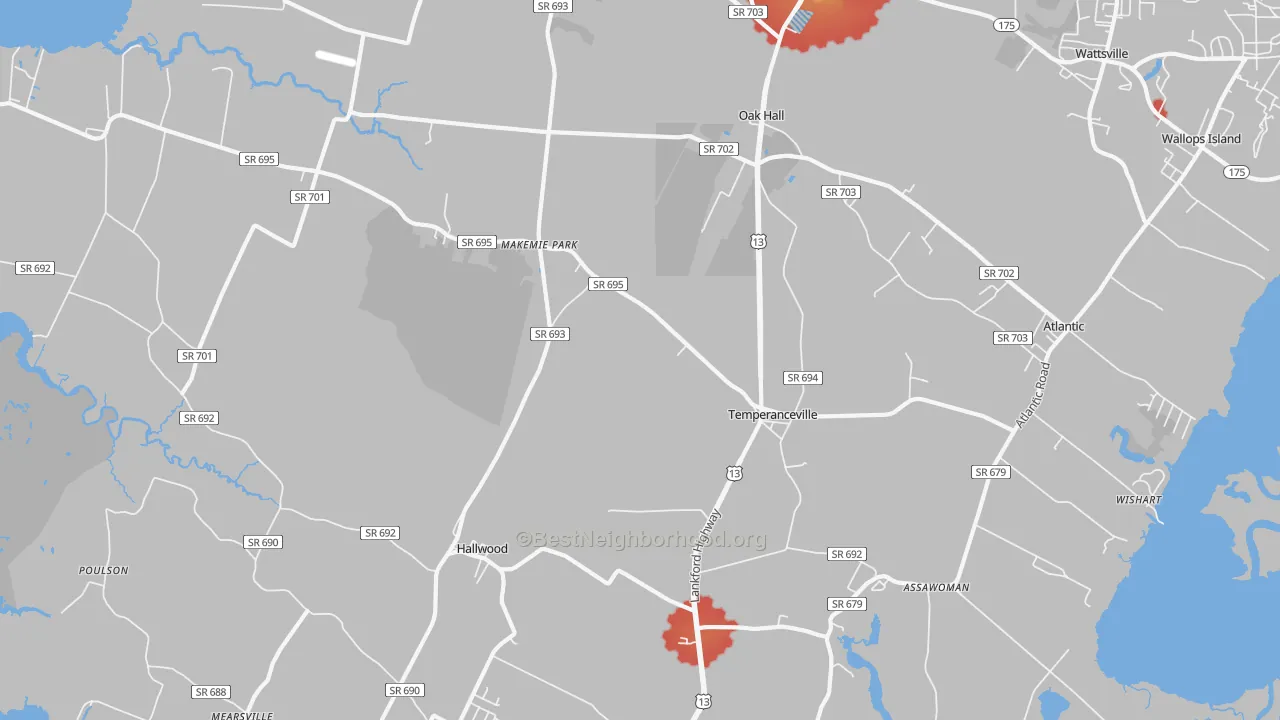 Walk Grade map of Temperanceville, VA, walkable areas in green and car-dependent areas in red
