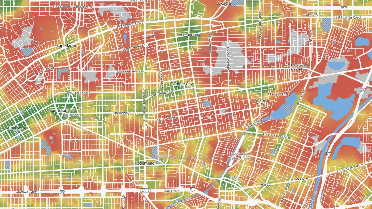 Walk Grade map of Temple City, CA, walkable areas in green and car-dependent areas in red