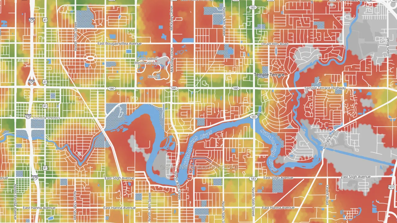 Walk Grade map of Temple Crest, Tampa, FL, walkable areas in green and car-dependent areas in red