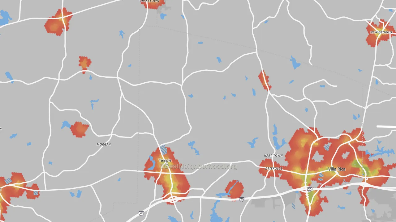 Walk Grade map of Temple, GA, walkable areas in green and car-dependent areas in red