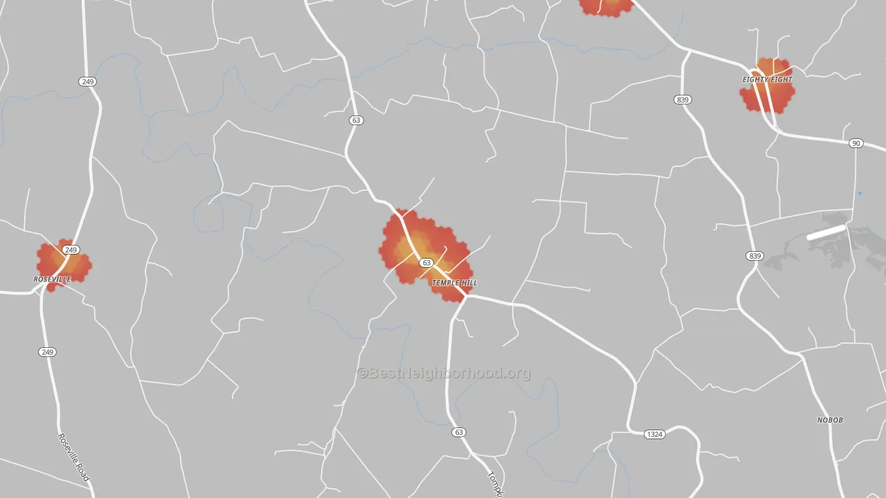 Walk Grade map of Temple Hill, KY, walkable areas in green and car-dependent areas in red
