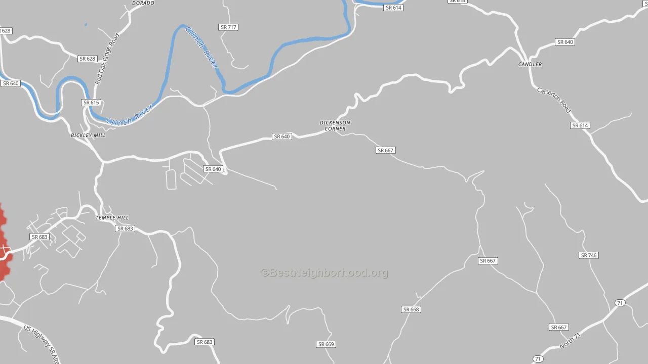 Walk Grade map of Temple Hill, VA, walkable areas in green and car-dependent areas in red