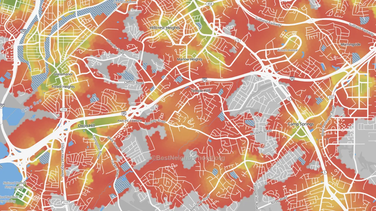 Walk Grade map of Temple Hills, MD, walkable areas in green and car-dependent areas in red