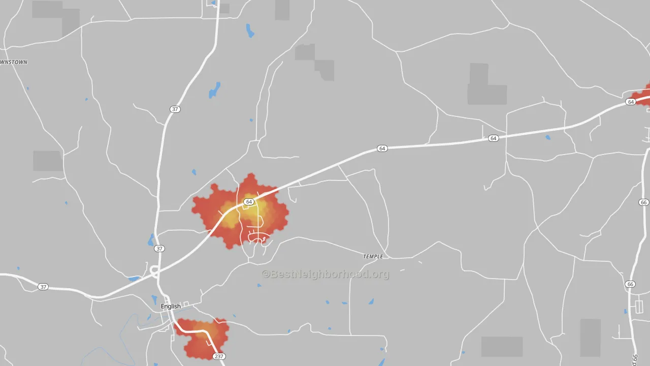 Walk Grade map of Temple, IN, walkable areas in green and car-dependent areas in red