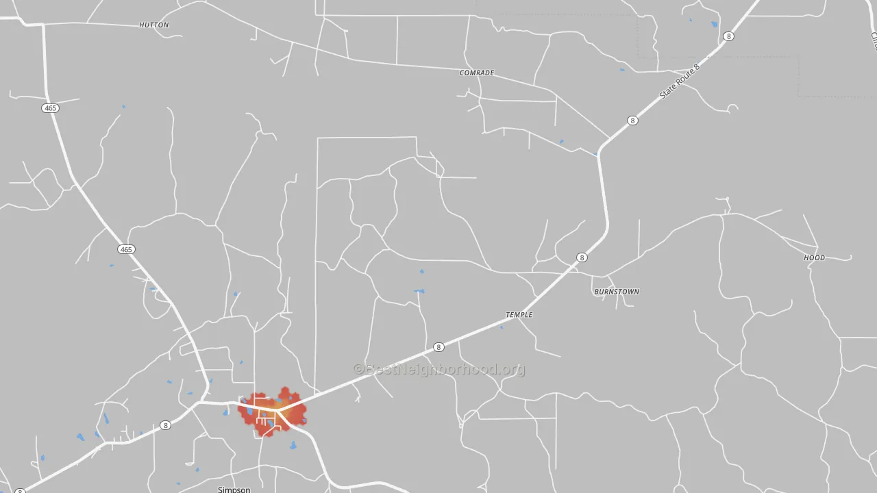 Walk Grade map of Temple, LA, walkable areas in green and car-dependent areas in red