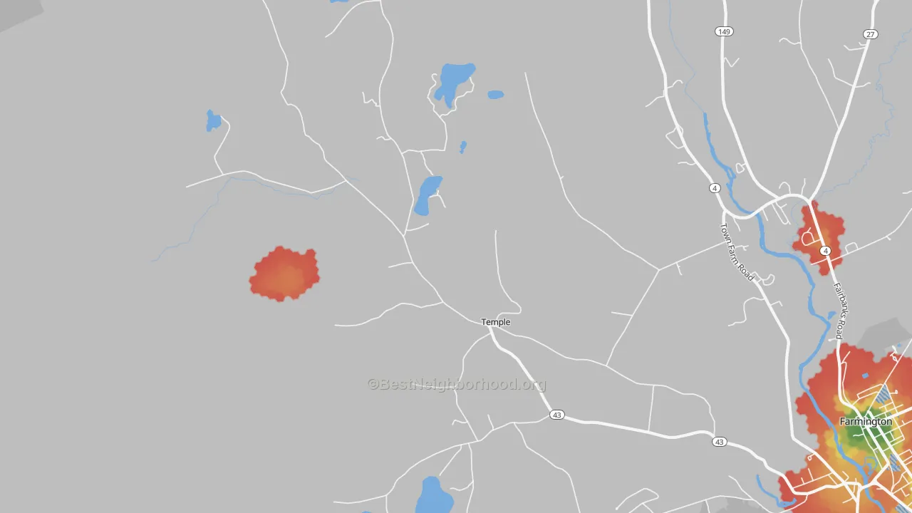 Walk Grade map of Temple, ME, walkable areas in green and car-dependent areas in red