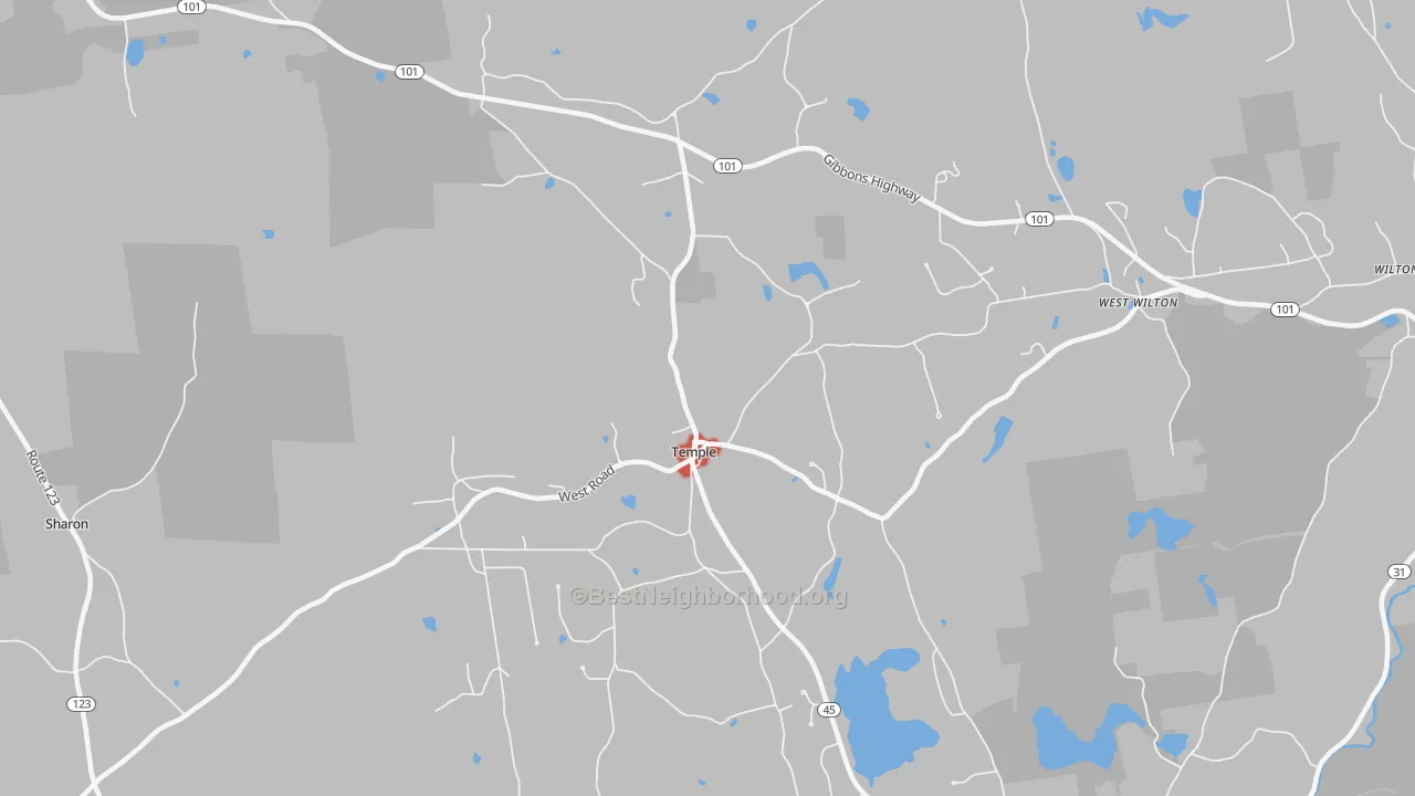 Walk Grade map of Temple, NH, walkable areas in green and car-dependent areas in red