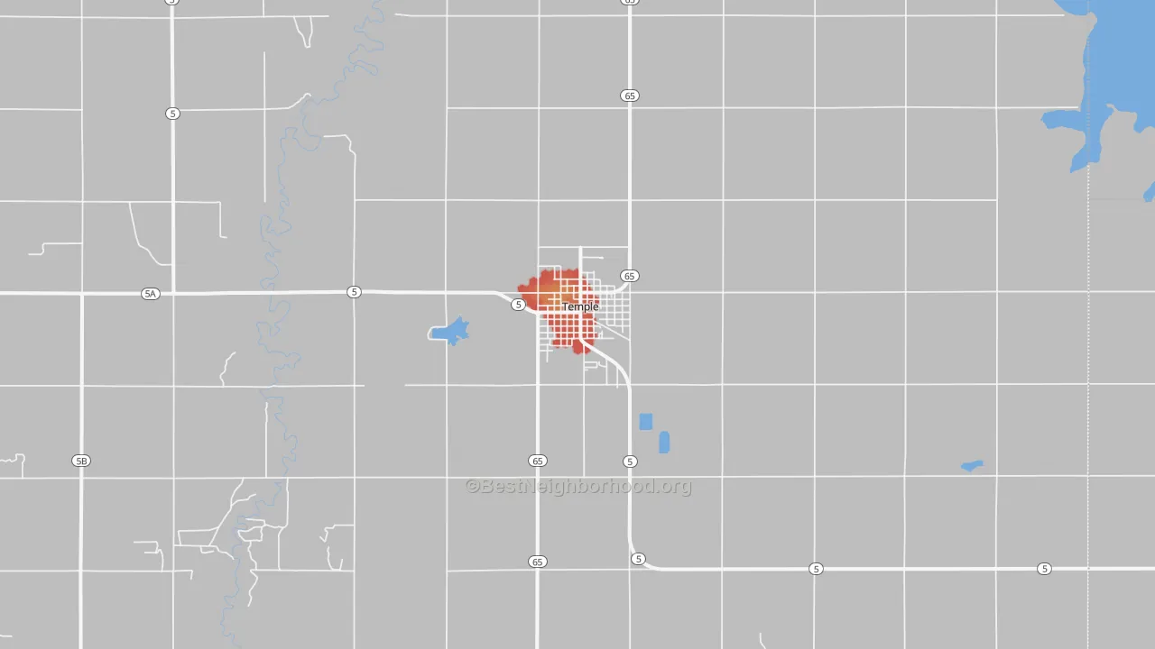 Walk Grade map of Temple, OK, walkable areas in green and car-dependent areas in red