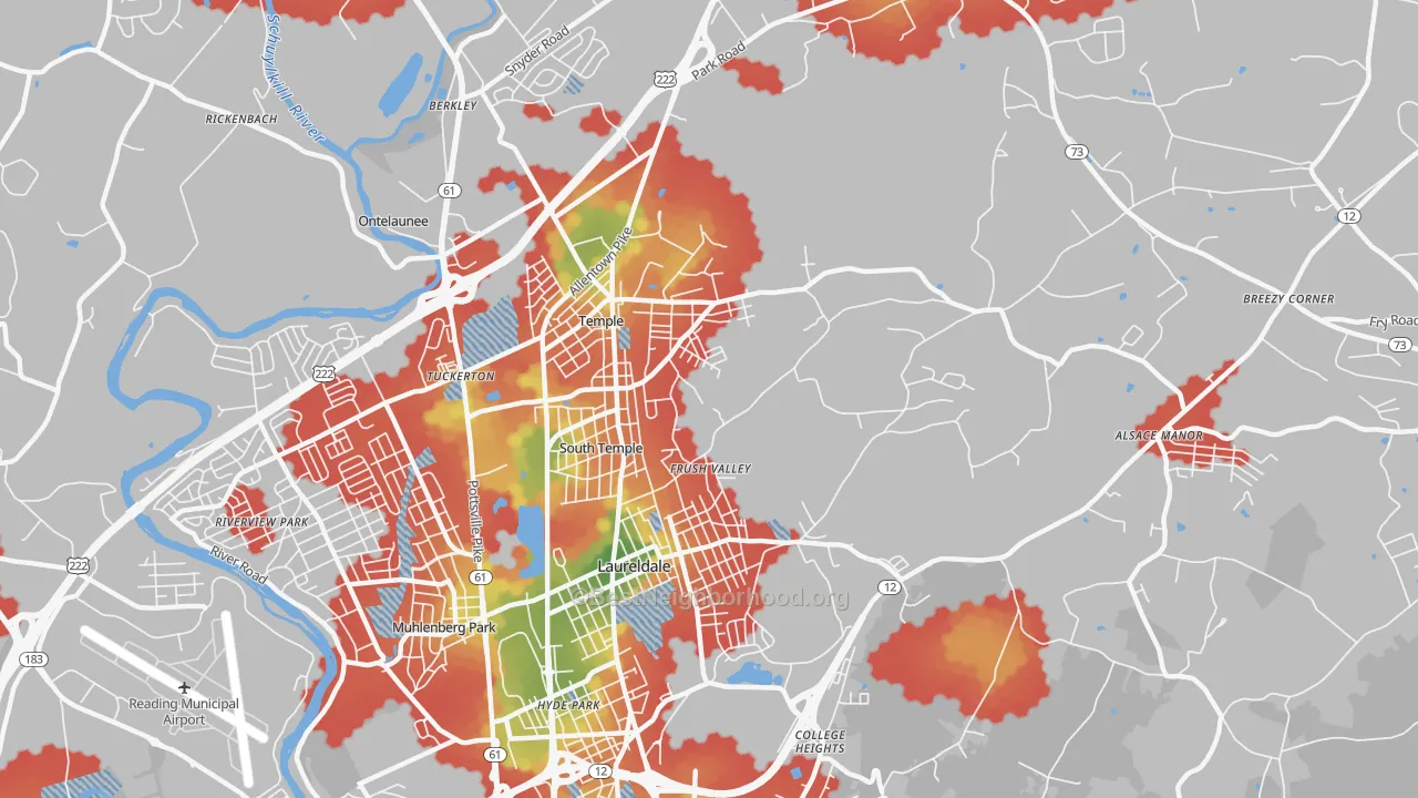 Walk Grade map of Temple, PA, walkable areas in green and car-dependent areas in red