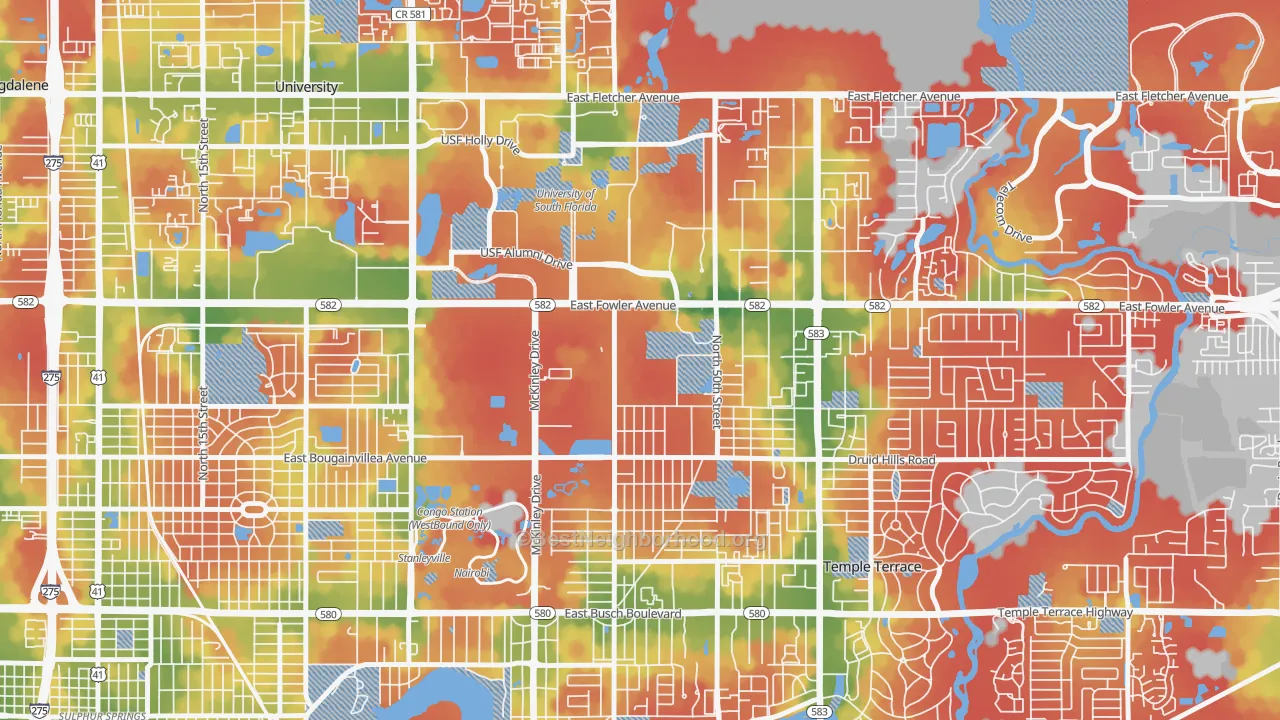 Walk Grade map of Temple Park, Tampa, FL, walkable areas in green and car-dependent areas in red