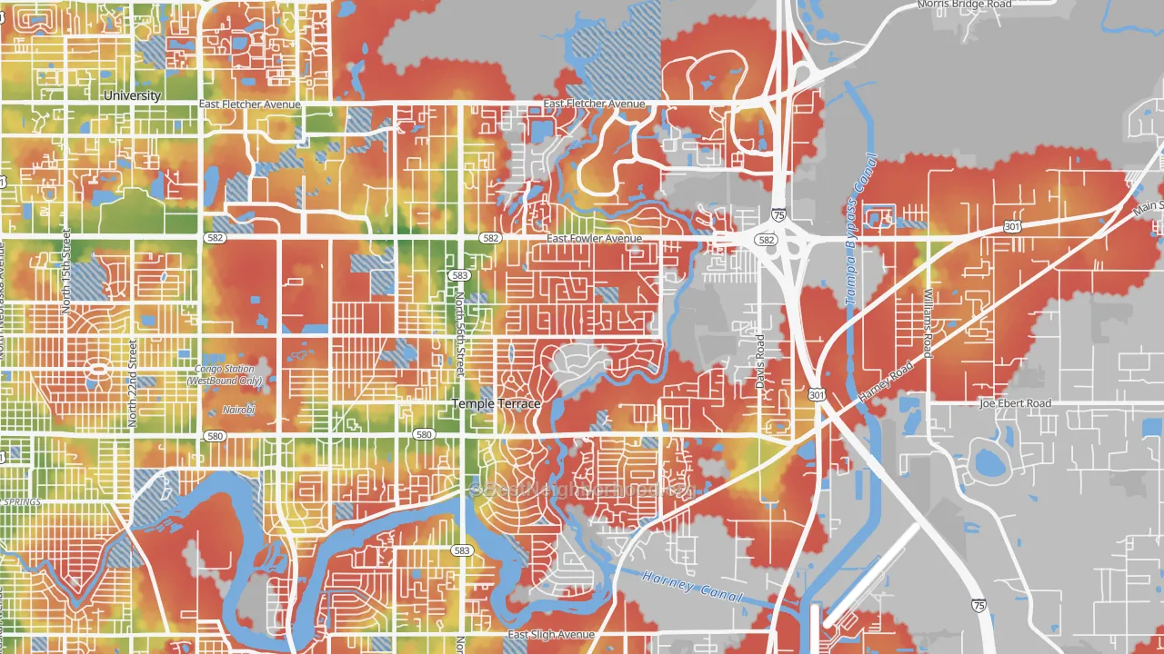 Walk Grade map of Temple Terrace, FL, walkable areas in green and car-dependent areas in red