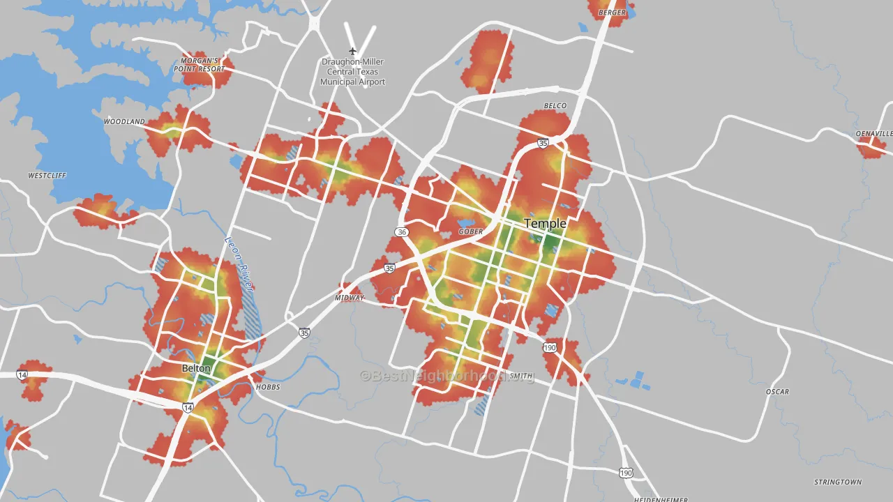 Walk Grade map of Temple, TX, walkable areas in green and car-dependent areas in red