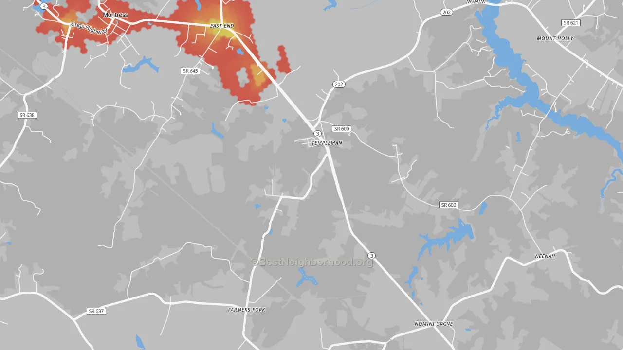 Walk Grade map of Templeman, VA, walkable areas in green and car-dependent areas in red