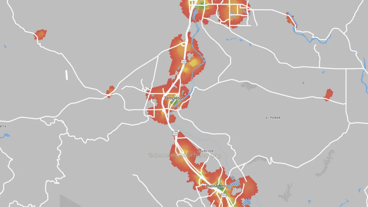 Walk Grade map of Templeton, CA, walkable areas in green and car-dependent areas in red