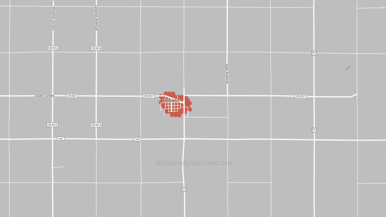 Walk Grade map of Templeton, IA, walkable areas in green and car-dependent areas in red