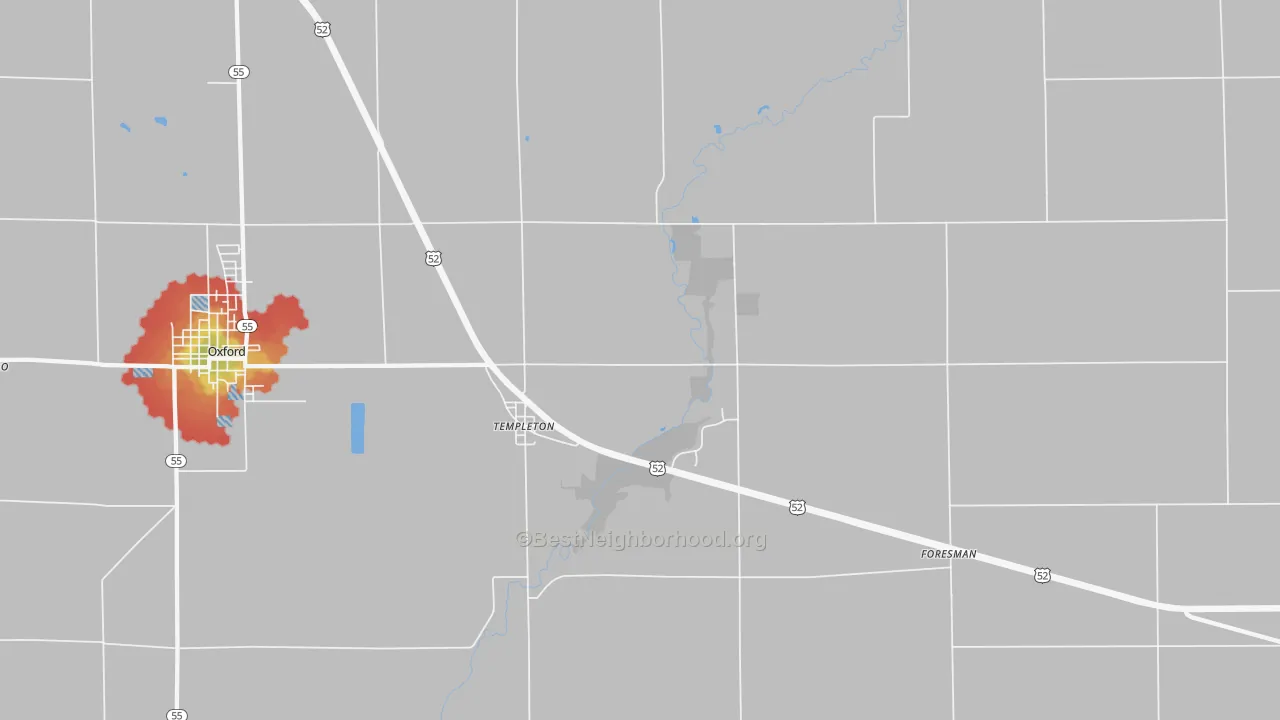Walk Grade map of Templeton, IN, walkable areas in green and car-dependent areas in red