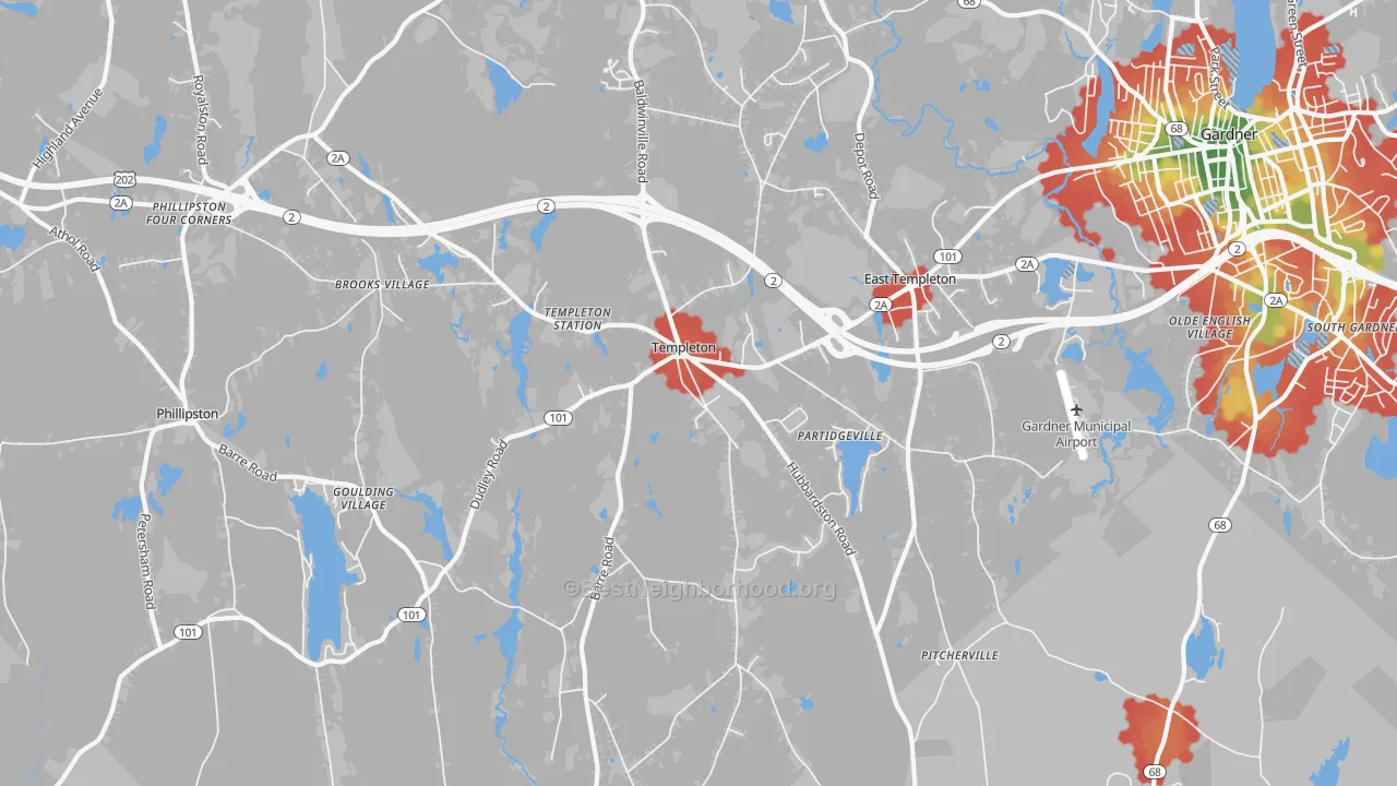Walk Grade map of Templeton, MA, walkable areas in green and car-dependent areas in red