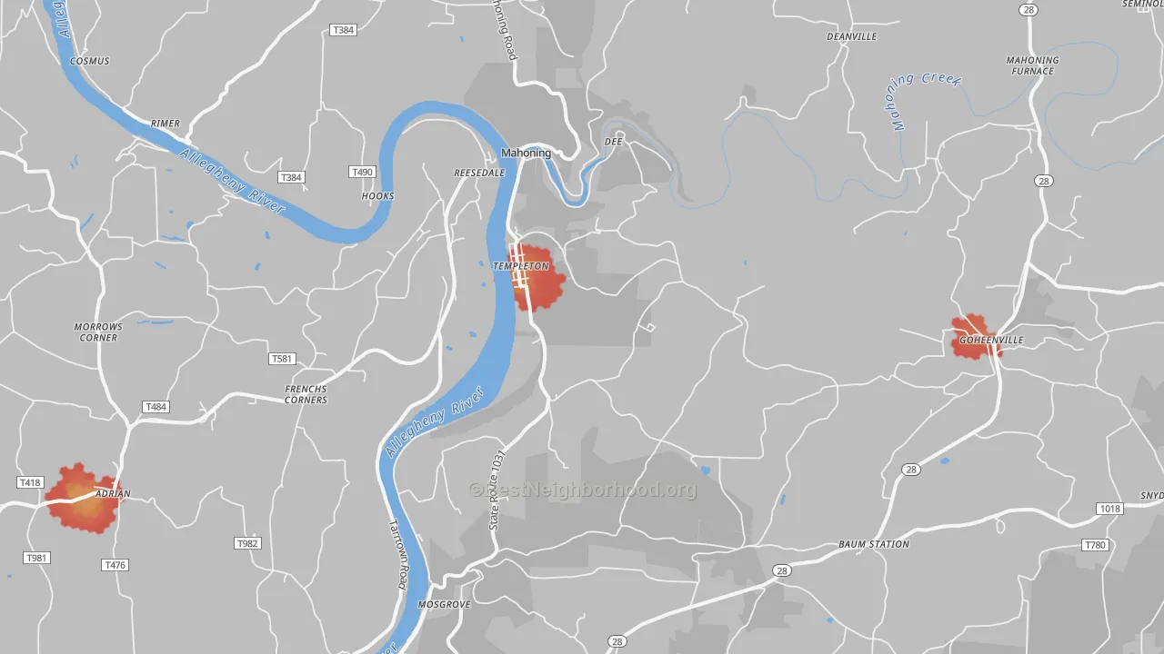 Walk Grade map of Templeton, PA, walkable areas in green and car-dependent areas in red