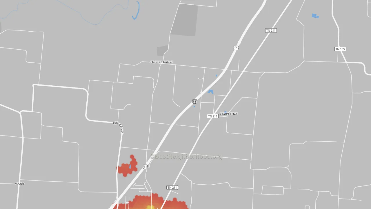 Walk Grade map of Templeton, TN, walkable areas in green and car-dependent areas in red