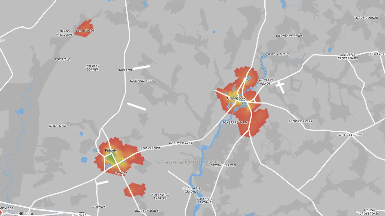 Walk Grade map of Templeville, MD, walkable areas in green and car-dependent areas in red