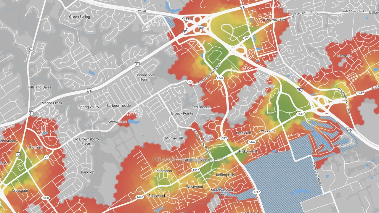 Walk Grade map of Ten Broeck, KY, walkable areas in green and car-dependent areas in red