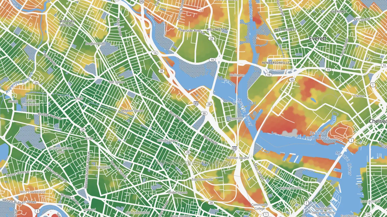 Walk Grade map of Ten Hills, Somerville, MA, walkable areas in green and car-dependent areas in red