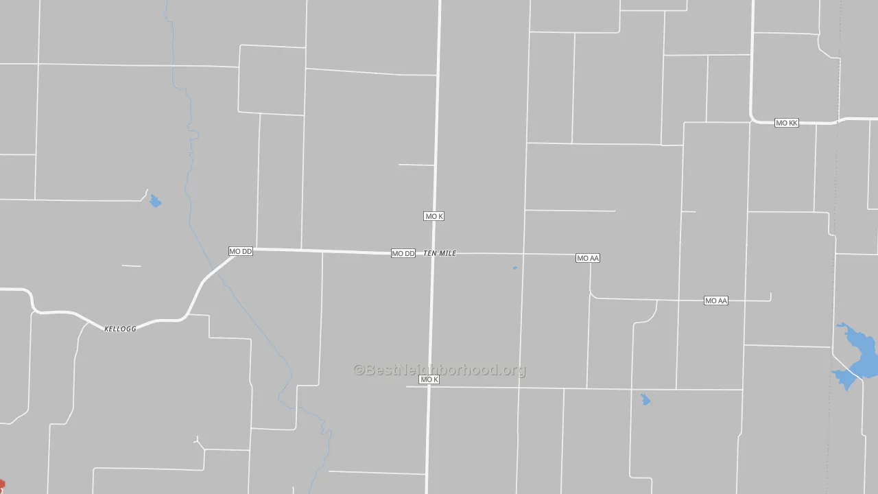 Walk Grade map of Ten Mile, MO, walkable areas in green and car-dependent areas in red