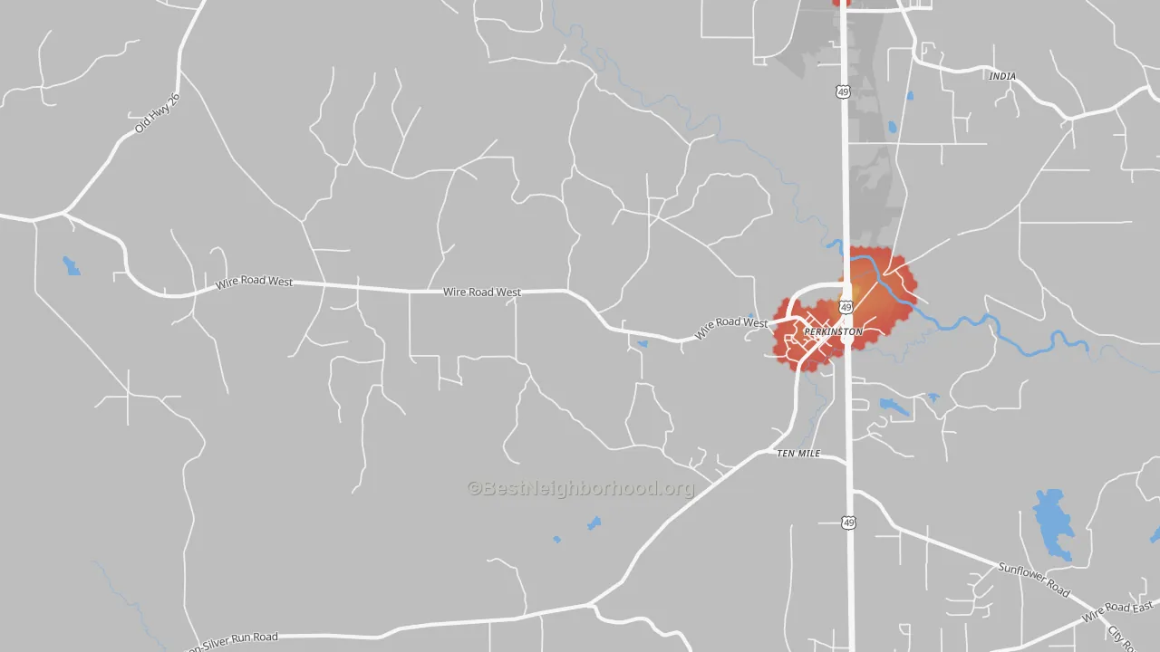 Walk Grade map of Ten Mile, MS, walkable areas in green and car-dependent areas in red