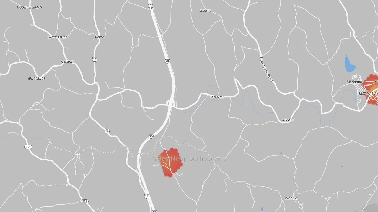 Walk Grade map of Ten Mile, PA, walkable areas in green and car-dependent areas in red