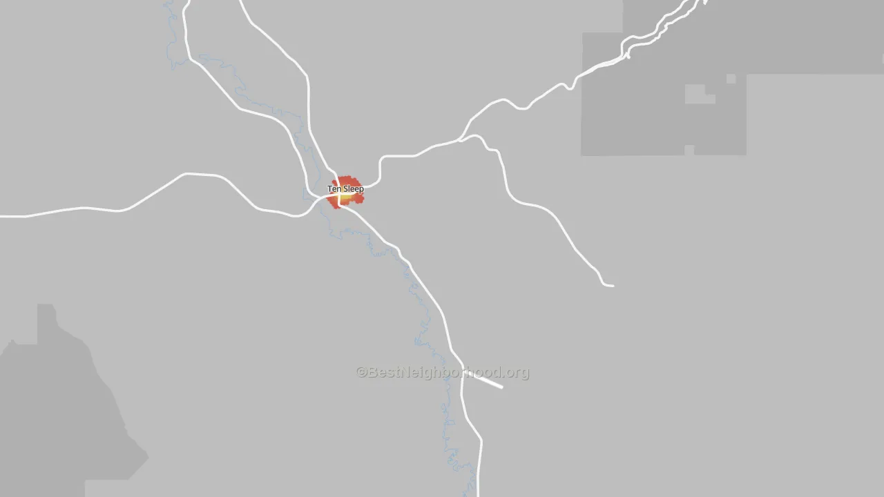 Walk Grade map of Ten Sleep, WY, walkable areas in green and car-dependent areas in red