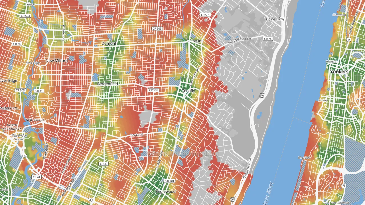 Walk Grade map of Tenafly, NJ, walkable areas in green and car-dependent areas in red