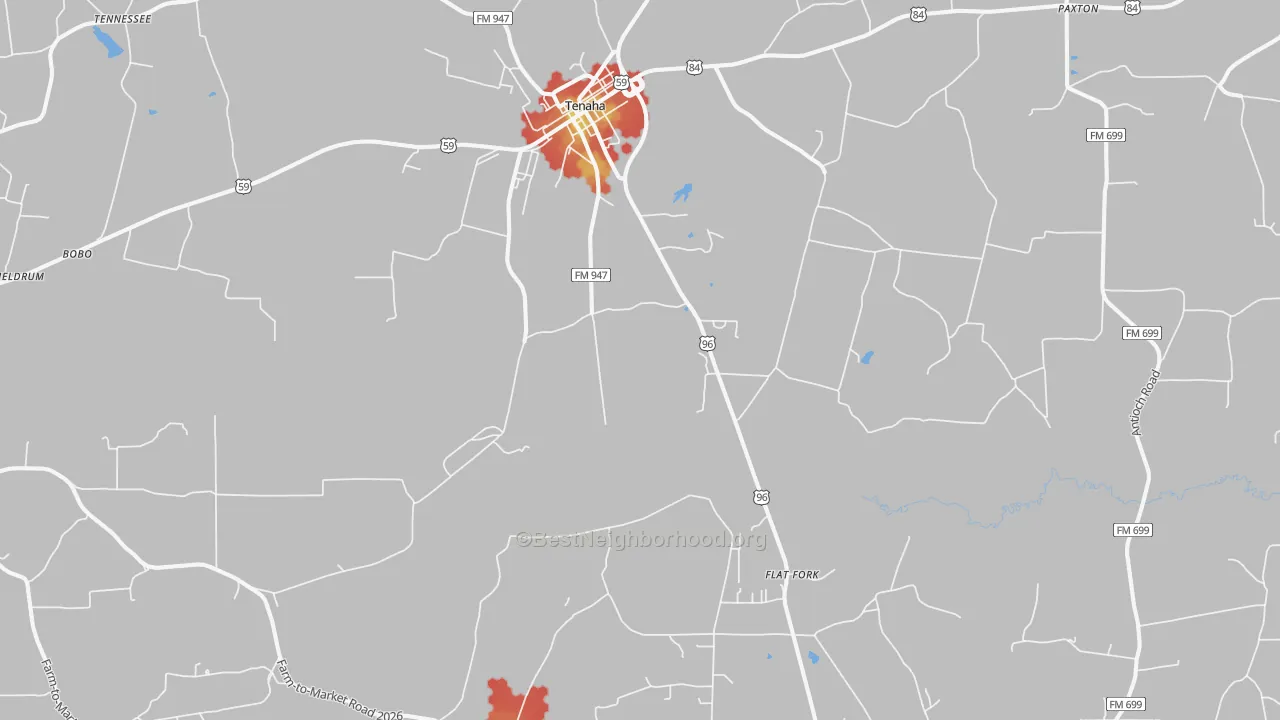 Walk Grade map of Tenaha, TX, walkable areas in green and car-dependent areas in red