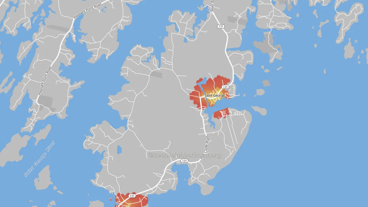 Walk Grade map of Tenants Harbor, ME, walkable areas in green and car-dependent areas in red
