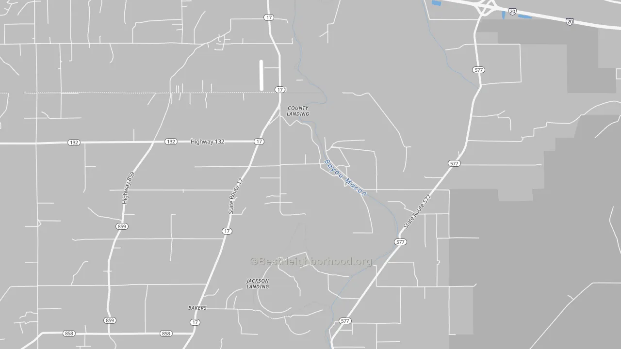Walk Grade map of Tendal, LA, walkable areas in green and car-dependent areas in red