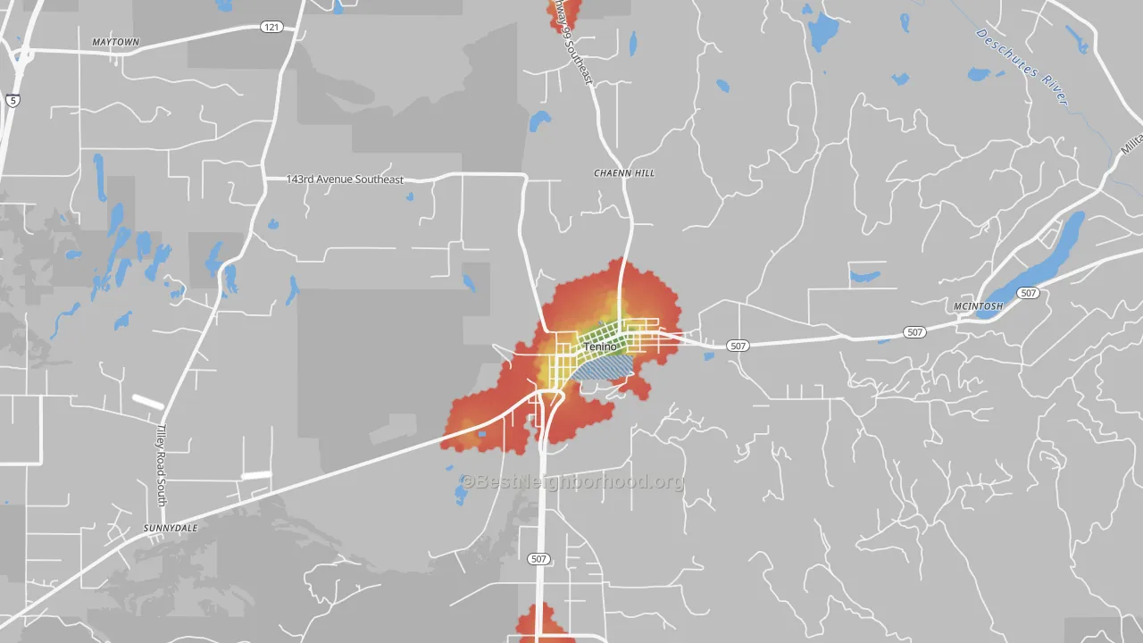 Walk Grade map of Tenino, WA, walkable areas in green and car-dependent areas in red