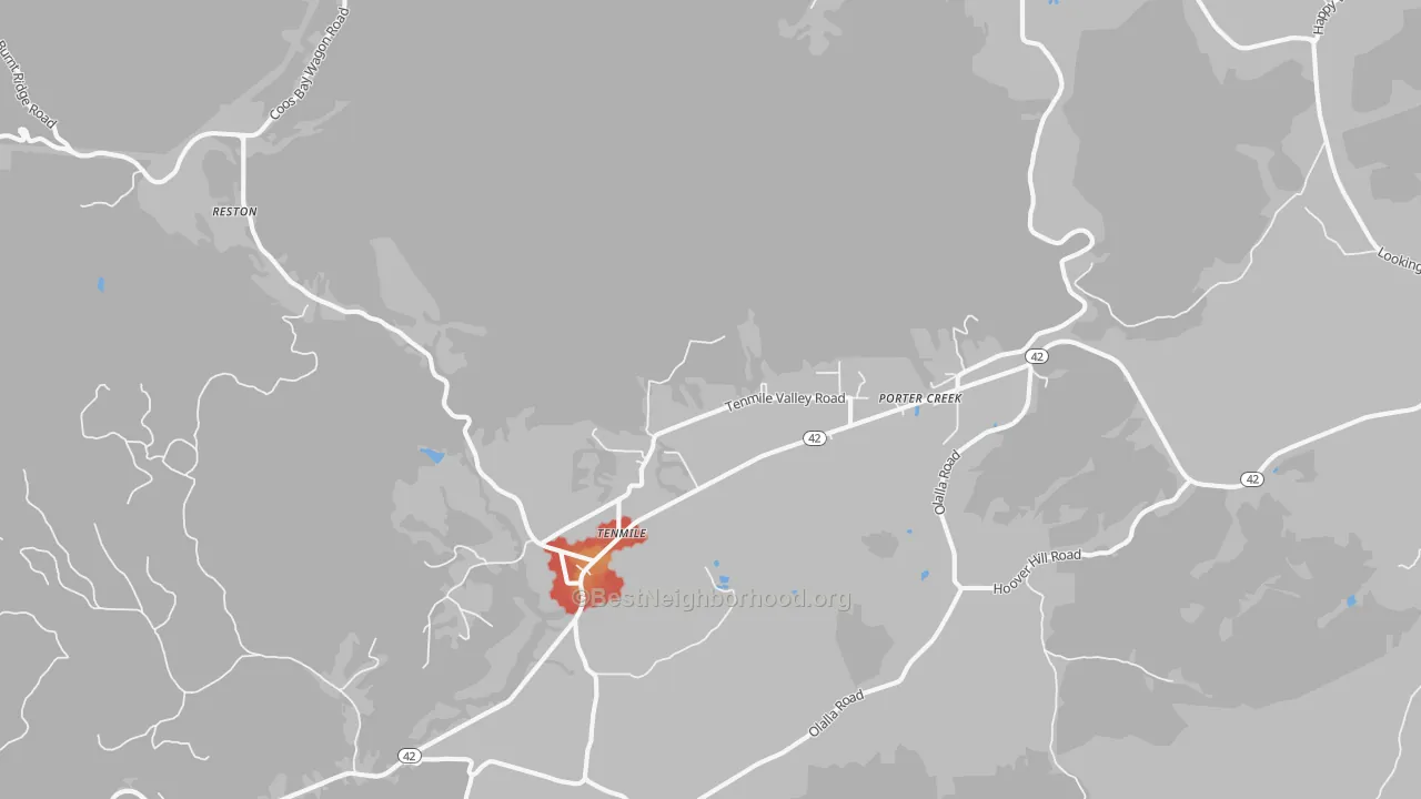 Walk Grade map of Tenmile, OR, walkable areas in green and car-dependent areas in red