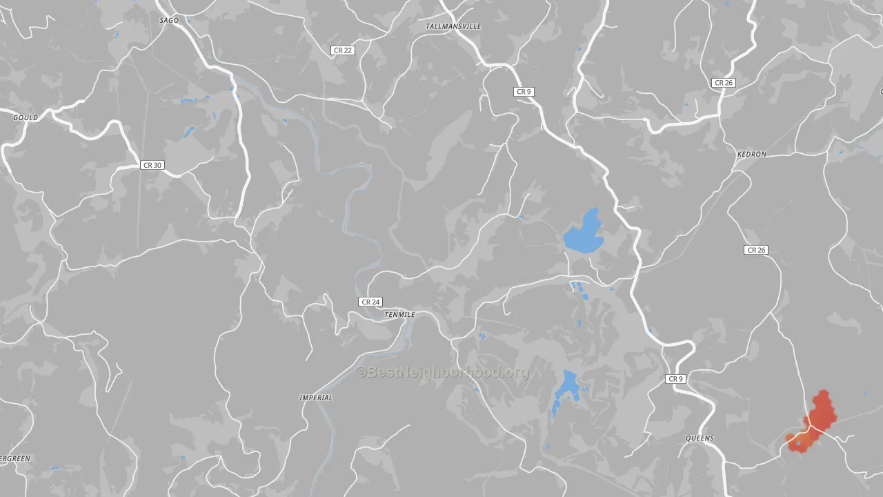 Walk Grade map of Tenmile, WV, walkable areas in green and car-dependent areas in red