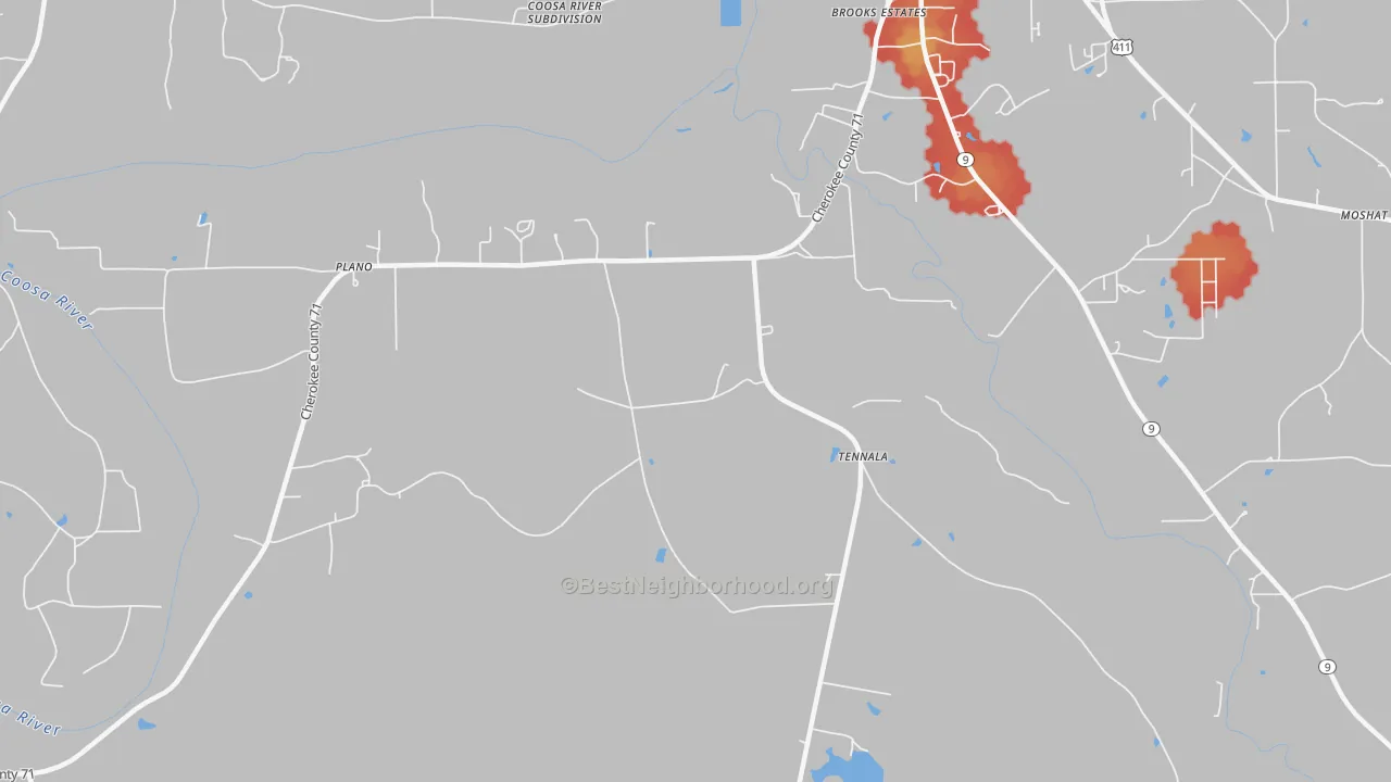 Walk Grade map of Tennala, AL, walkable areas in green and car-dependent areas in red