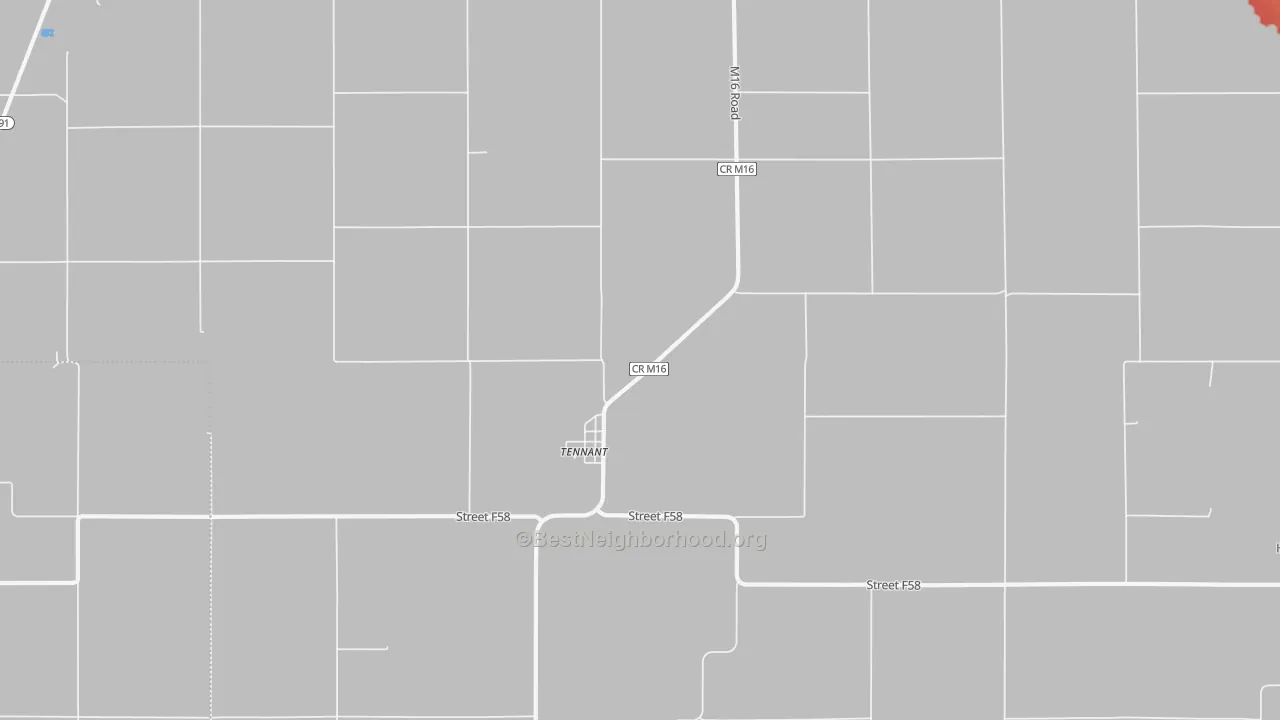 Walk Grade map of Tennant, IA, walkable areas in green and car-dependent areas in red