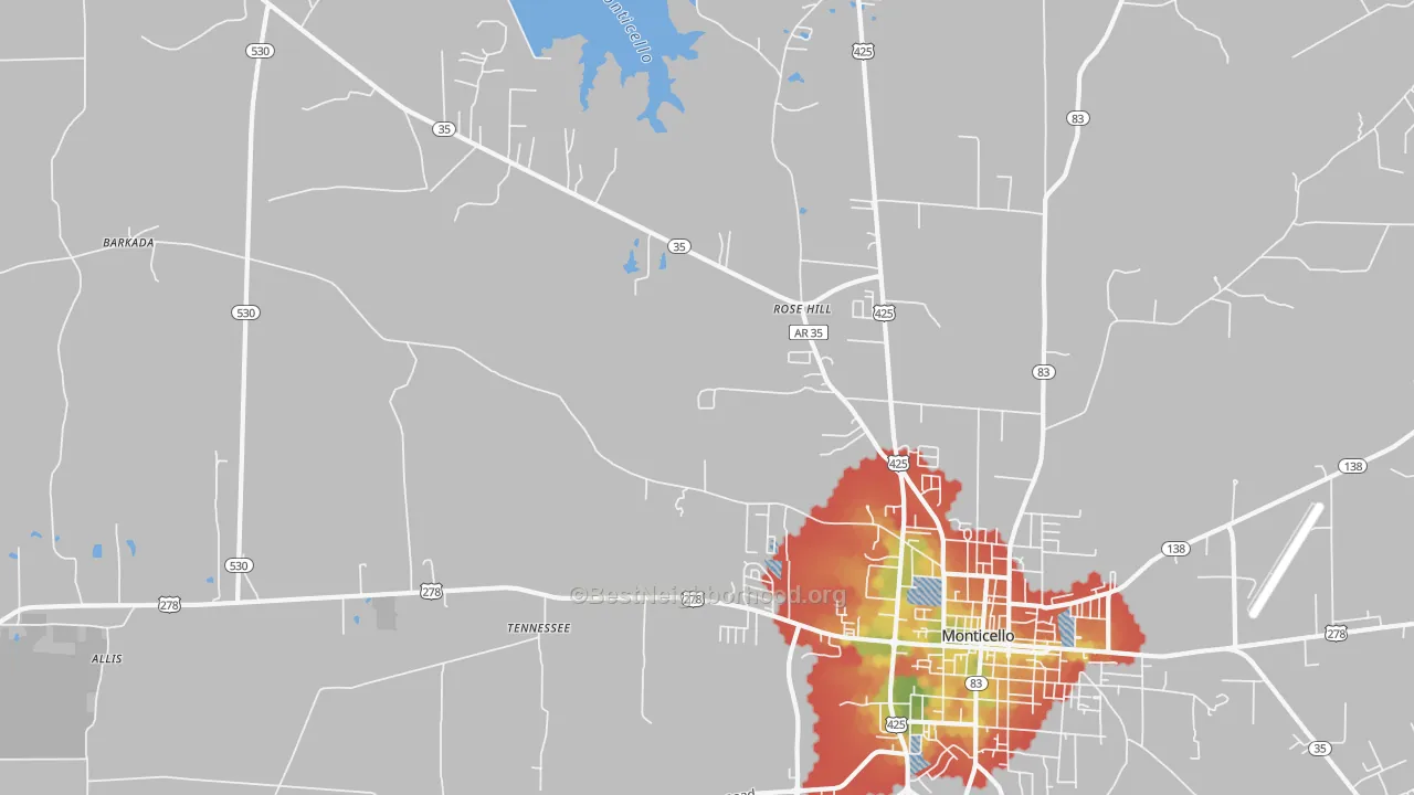 Walk Grade map of Tennessee, AR, walkable areas in green and car-dependent areas in red
