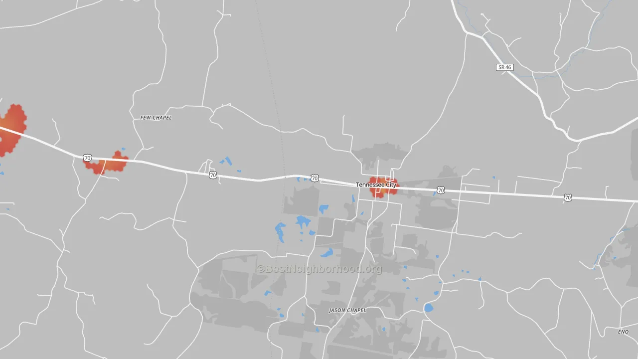 Walk Grade map of Tennessee City, TN, walkable areas in green and car-dependent areas in red