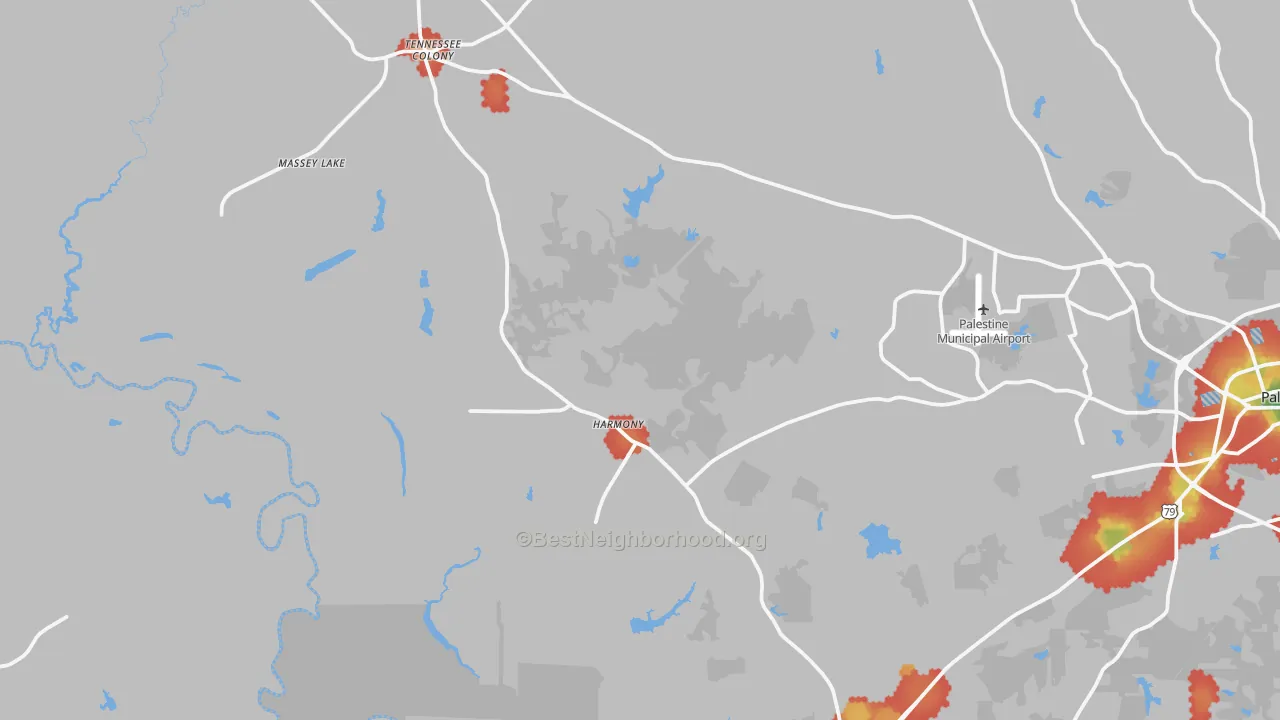 Walk Grade map of Tennessee Colony, TX, walkable areas in green and car-dependent areas in red