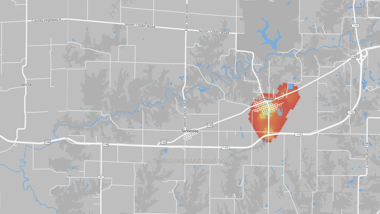 Walk Grade map of Tennessee, IL, walkable areas in green and car-dependent areas in red