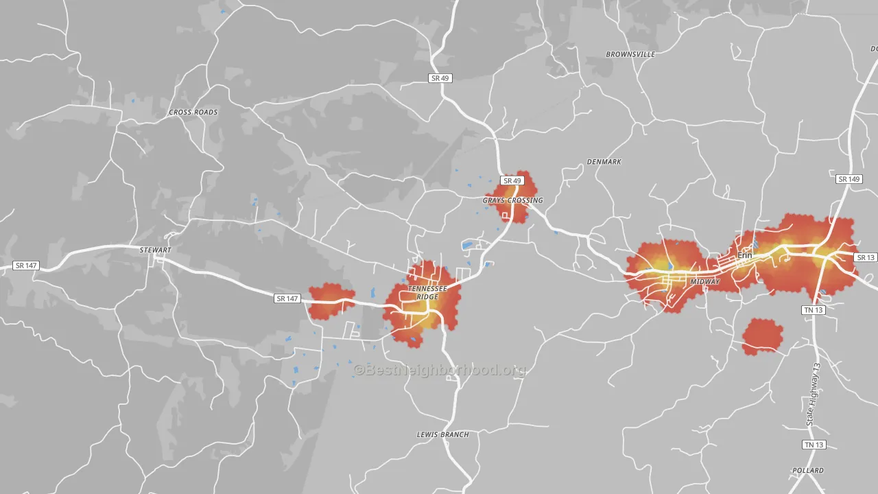 Walk Grade map of Tennessee Ridge, TN, walkable areas in green and car-dependent areas in red