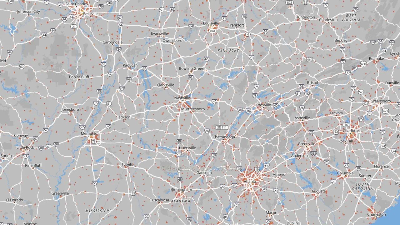 Walk Grade map of Tennessee, walkable areas in green and car-dependent areas in red