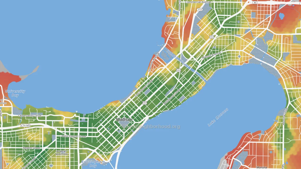 Walk Grade map of Tenney-Lapham, Madison, WI, walkable areas in green and car-dependent areas in red