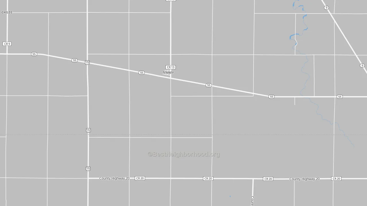 Walk Grade map of Tenney, MN, walkable areas in green and car-dependent areas in red